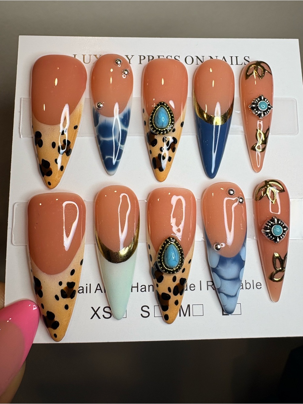 Peach & Blue Stiletto Press-On Nails with Turquoise Accents - Picture 2 of 2